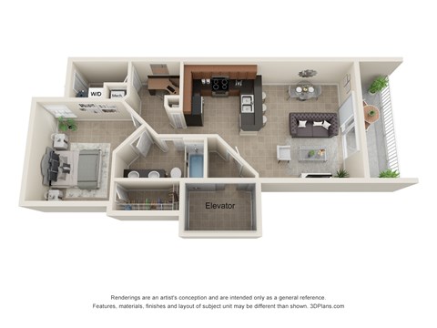 Floor plan for 1 bed, 1 bath, 764 sqft