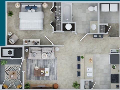Floor plan for 1 bed, 1 bath, 635 sqft