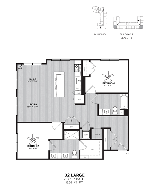 Floor plan for 2 beds, 2 baths, 1258 sqft