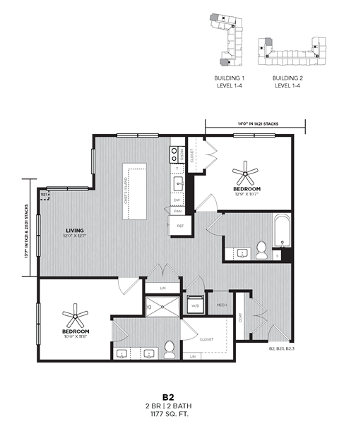 Floor plan for 2 beds, 2 baths, 1178 sqft