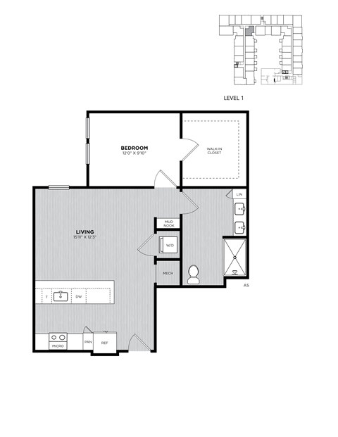 Floor plan for 1 bed, 1 bath, 760 sqft