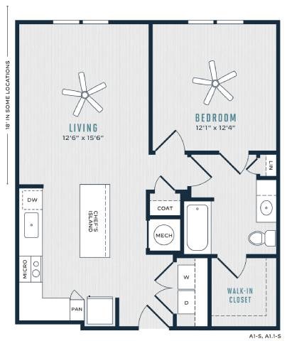 Floor plan for 1 bed, 1 bath, 785 sqft