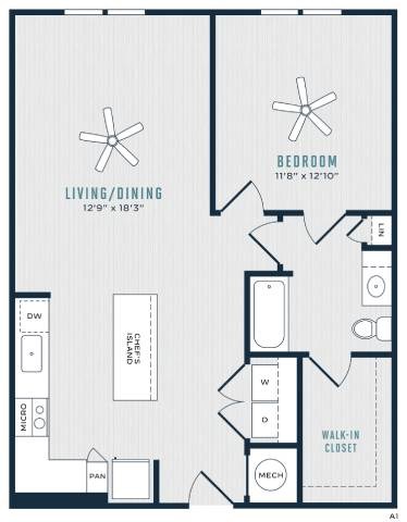 Floor plan for 1 bed, 1 bath, 848 sqft