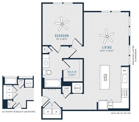 Floor plan for 1 bed, 1 bath, 838 sqft