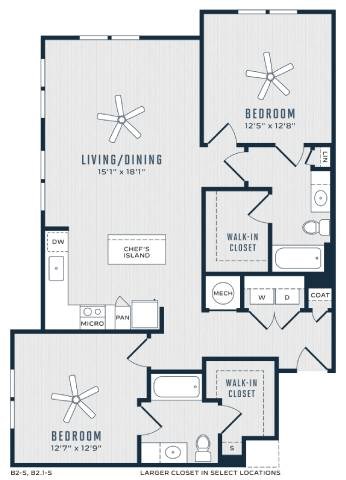 Floor plan for 2 beds, 2 baths, 1228 sqft