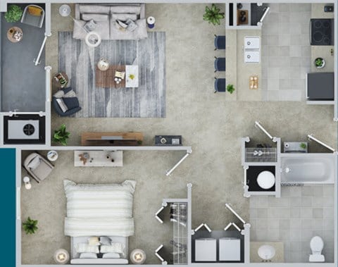 Floor plan for 1 bed, 1 bath, 758 sqft