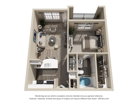 Floor plan for 1 bed, 1 bath, 632 sqft