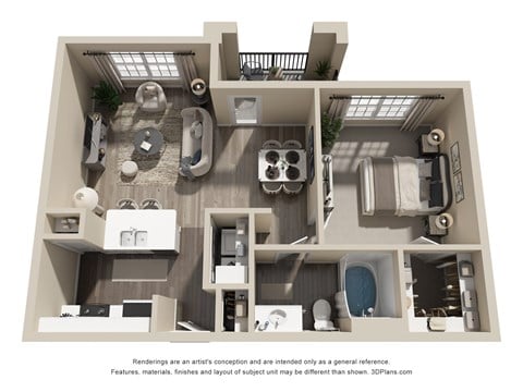 Floor plan for 1 bed, 1 bath, 694 sqft