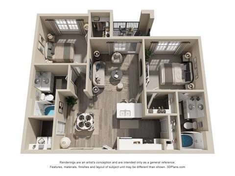 Floor plan for 2 beds, 2 baths, 998 sqft