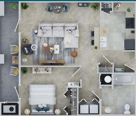 Floor plan for 1 bed, 1 bath, 807 sqft