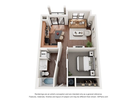 Floor plan for 1 bed, 1 bath, 670 sqft
