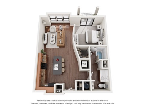 Floor plan for 1 bed, 1 bath, 800 sqft
