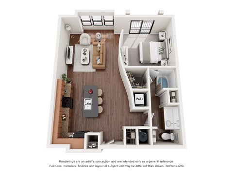 Floor plan for 1 bed, 1 bath, 834 sqft