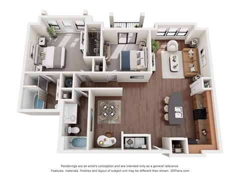 Floor plan for 2 beds, 2 baths, 1291 sqft