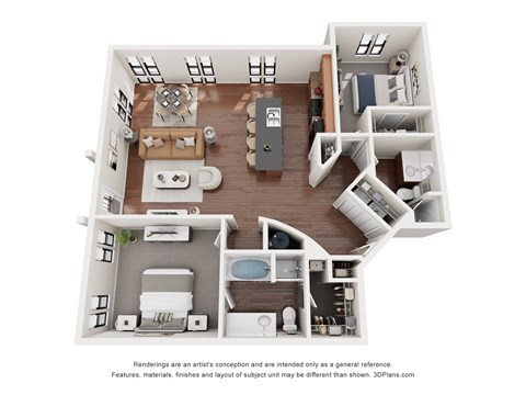 Floor plan for 2 beds, 2 baths, 1307 sqft
