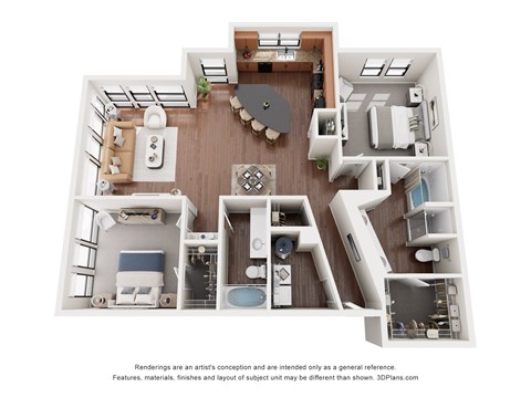 Floor plan for 2 beds, 2 baths, 1373 sqft