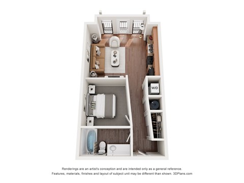 Floor plan for 1 bed, 1 bath, 573 sqft
