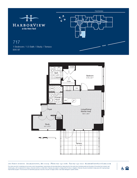 Floor plan for 1 bed, 1.5 baths, 890 sqft