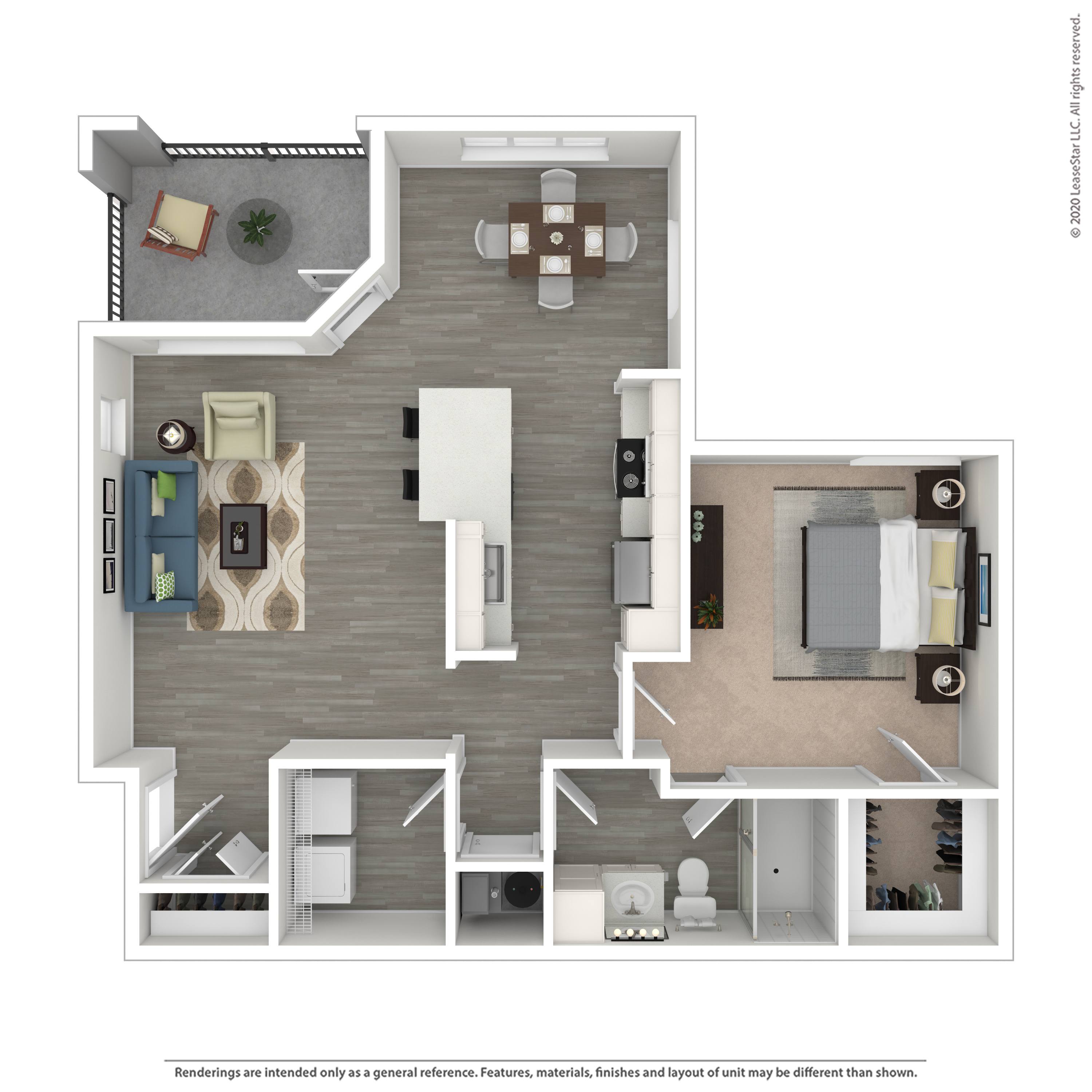Floor plan for 1 bed, 1 bath, 883 sqft