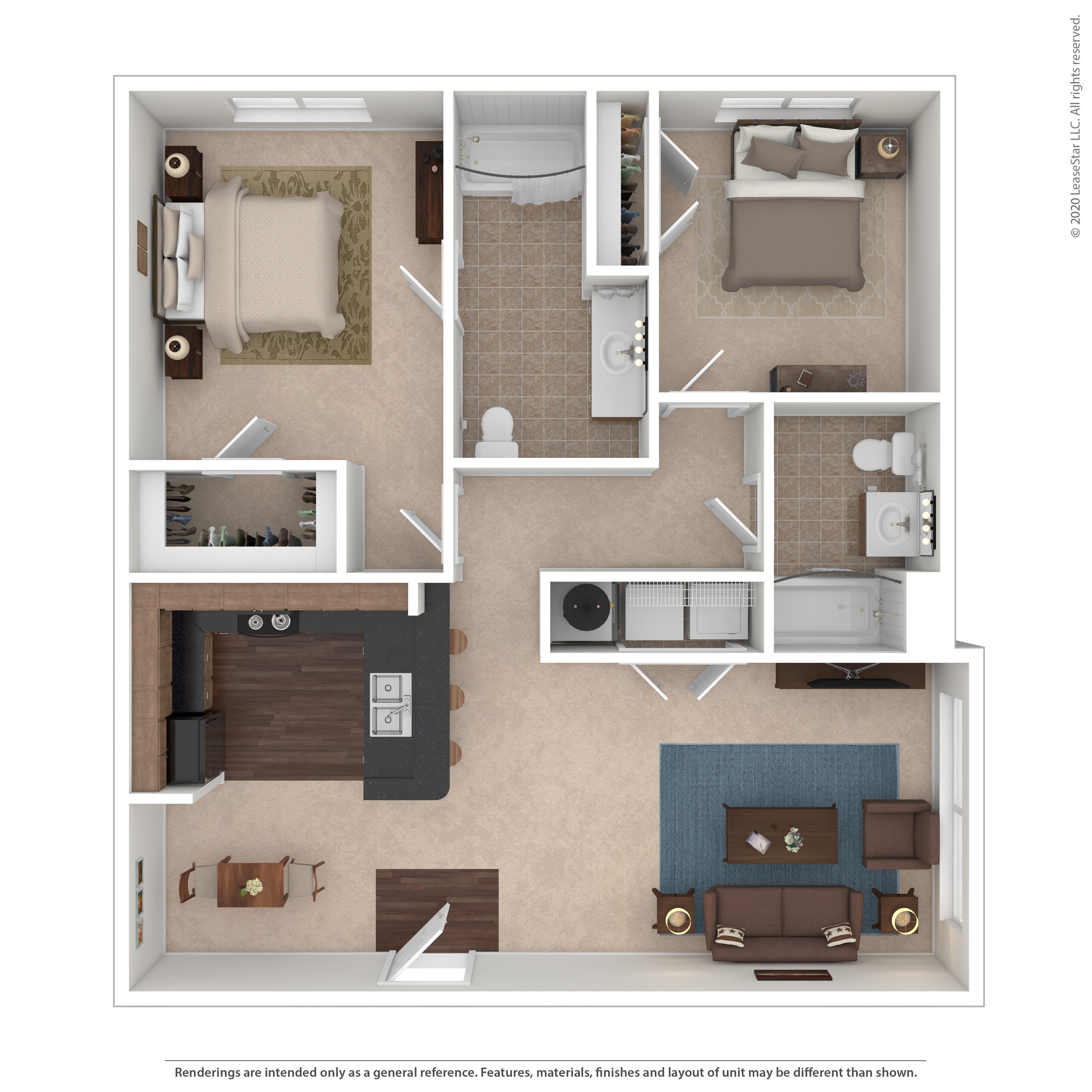 Floor plan for 2 beds, 2 baths, 1022 sqft