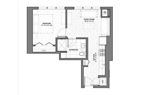 Floor plan for 1 bed, 1 bath, 540 sqft