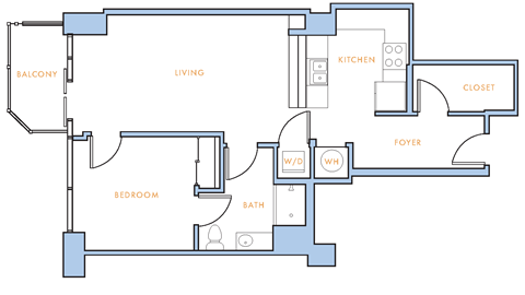 Floor plan for 1 bed, 1 bath, 768 sqft