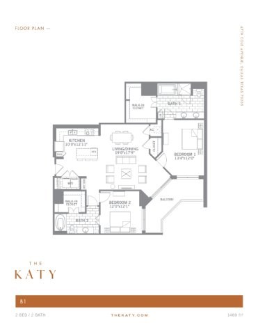 Floor plan for 2 beds, 2 baths, 1468 sqft