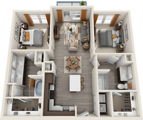 Floor plan for 2 beds, 2 baths, 1001 sqft