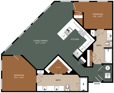 Floor plan for 2 beds, 2 baths, 1240 sqft