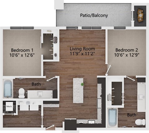 Floor plan for 2 beds, 2 baths, 986 sqft