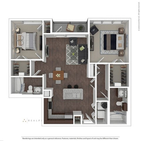 Floor plan for 2 beds, 2 baths, 1064 sqft