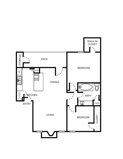 Floor plan for 2 beds, 1 bath, 756 sqft