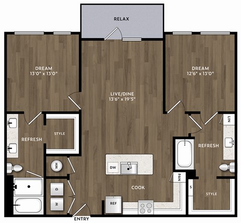 Floor plan for 2 beds, 2 baths, 1198 sqft