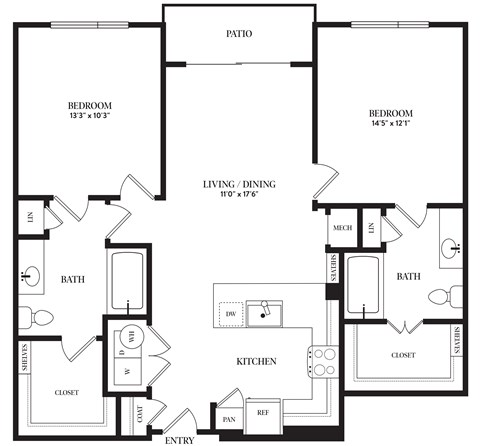 Floor plan for 2 beds, 2 baths, 1055 sqft