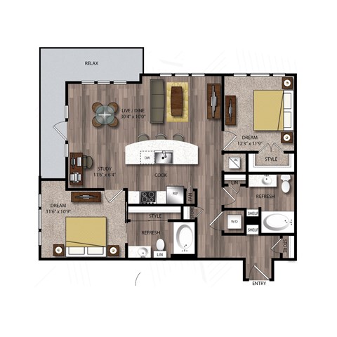 Floor plan for 2 beds, 2 baths, 1104 sqft