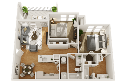 Floor plan for 2 beds, 2 baths, 930 sqft