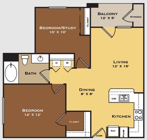 Floor plan for 2 beds, 1 bath, 874 sqft