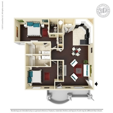Floor plan for 2 beds, 2 baths, 1043 sqft
