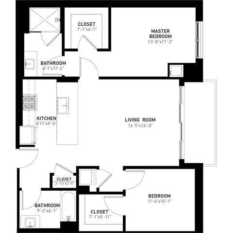Floor plan for 2 beds, 2 baths, 1066 sqft