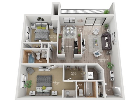 Floor plan for 2 beds, 2 baths, 1054 sqft