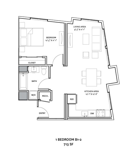 Floor plan for 1 bed, 1 bath, 713 sqft