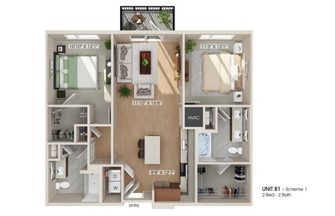 Floor plan for 2 beds, 2 baths, 1064 sqft