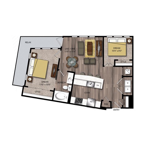 Floor plan for 2 beds, 2 baths, 847 sqft
