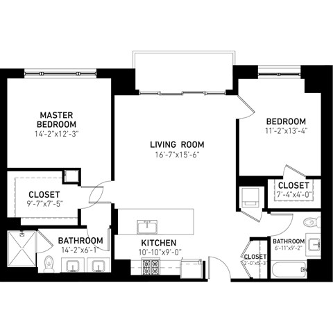 Floor plan for 2 beds, 2 baths, 1210 sqft