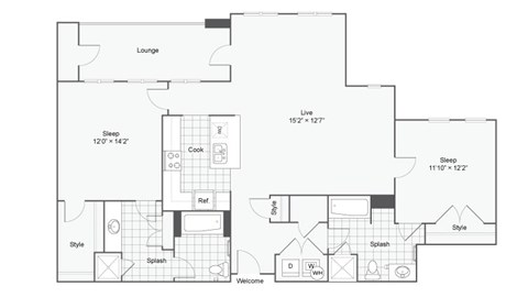 Floor plan for 2 beds, 2 baths, 1273 sqft