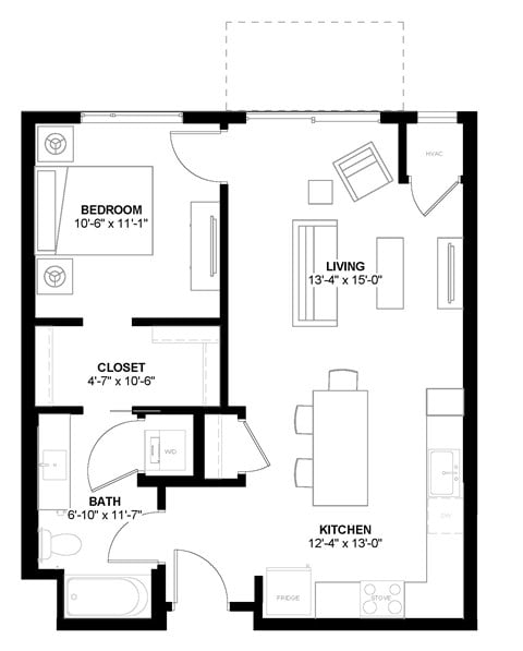 Floor plan for 1 bed, 1 bath, 724 sqft