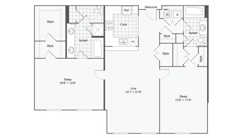 Floor plan for 2 beds, 2 baths, 1297 sqft