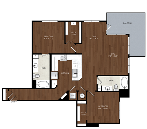 Floor plan for 2 beds, 2 baths, 1282 sqft