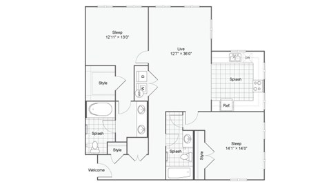 Floor plan for 2 beds, 2 baths, 1174 sqft
