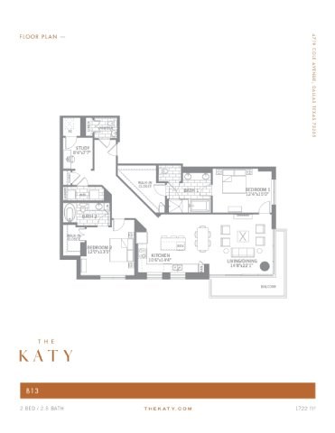 Floor plan for 2 beds, 1.5 baths, 1722 sqft